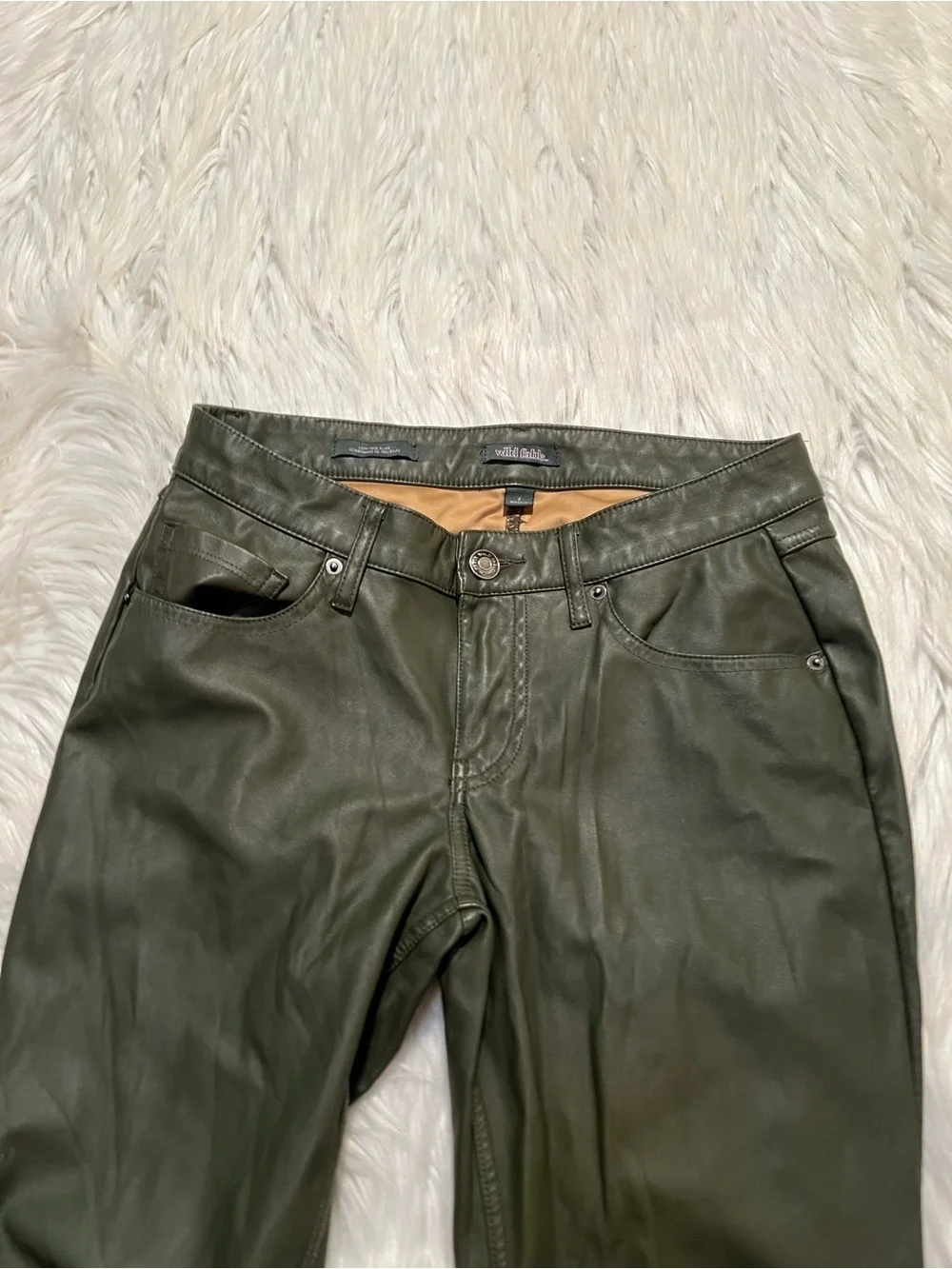 Wild Fable Women's Size 2 Low-Rise Flare Pant Olive Green Vegan Leather Pockets